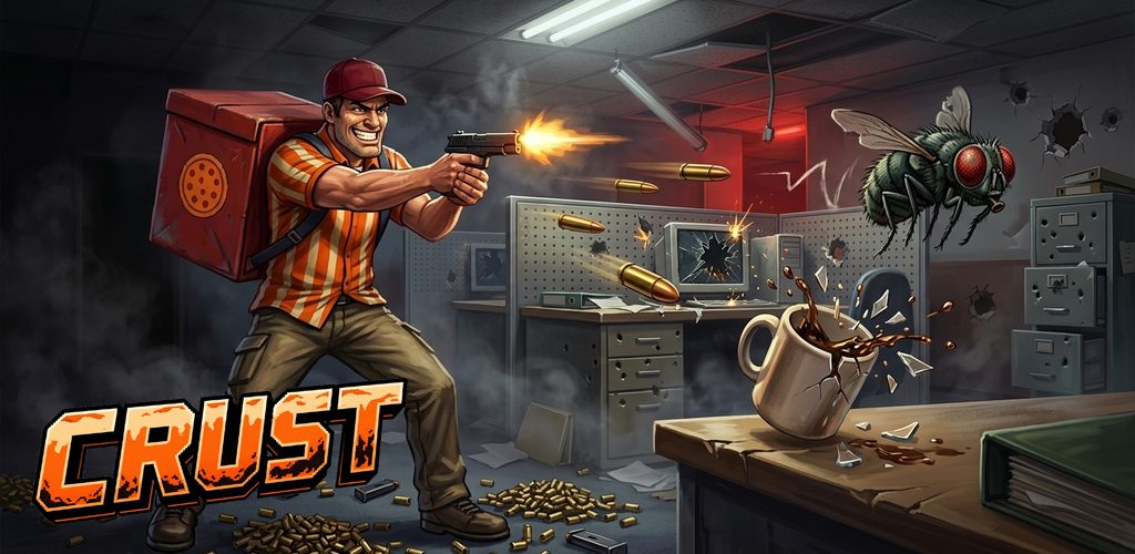CRUST key art: Greg the pizza guy, delivery box on his back, firing a pistol through a wrecked office at a giant fly
