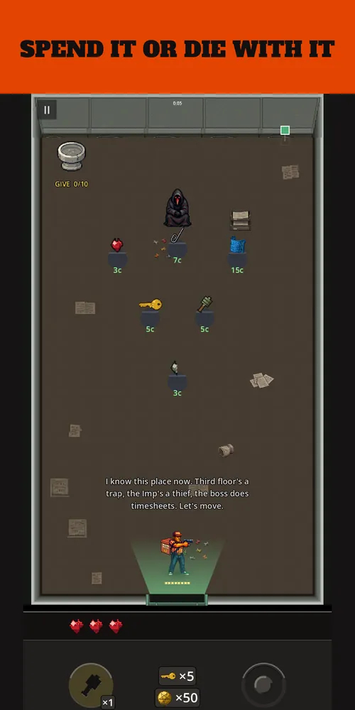 The Imp's shop: items and keys laid out on the floor, each tagged in coins — caption: Spend it or die with it