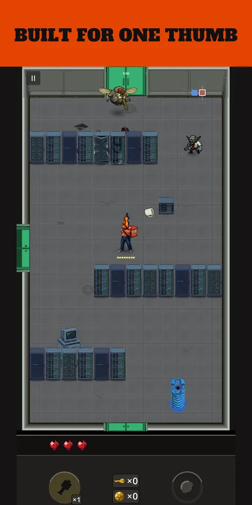 Greg moving between server racks while a fly and a goblin attack — caption: Built for one thumb